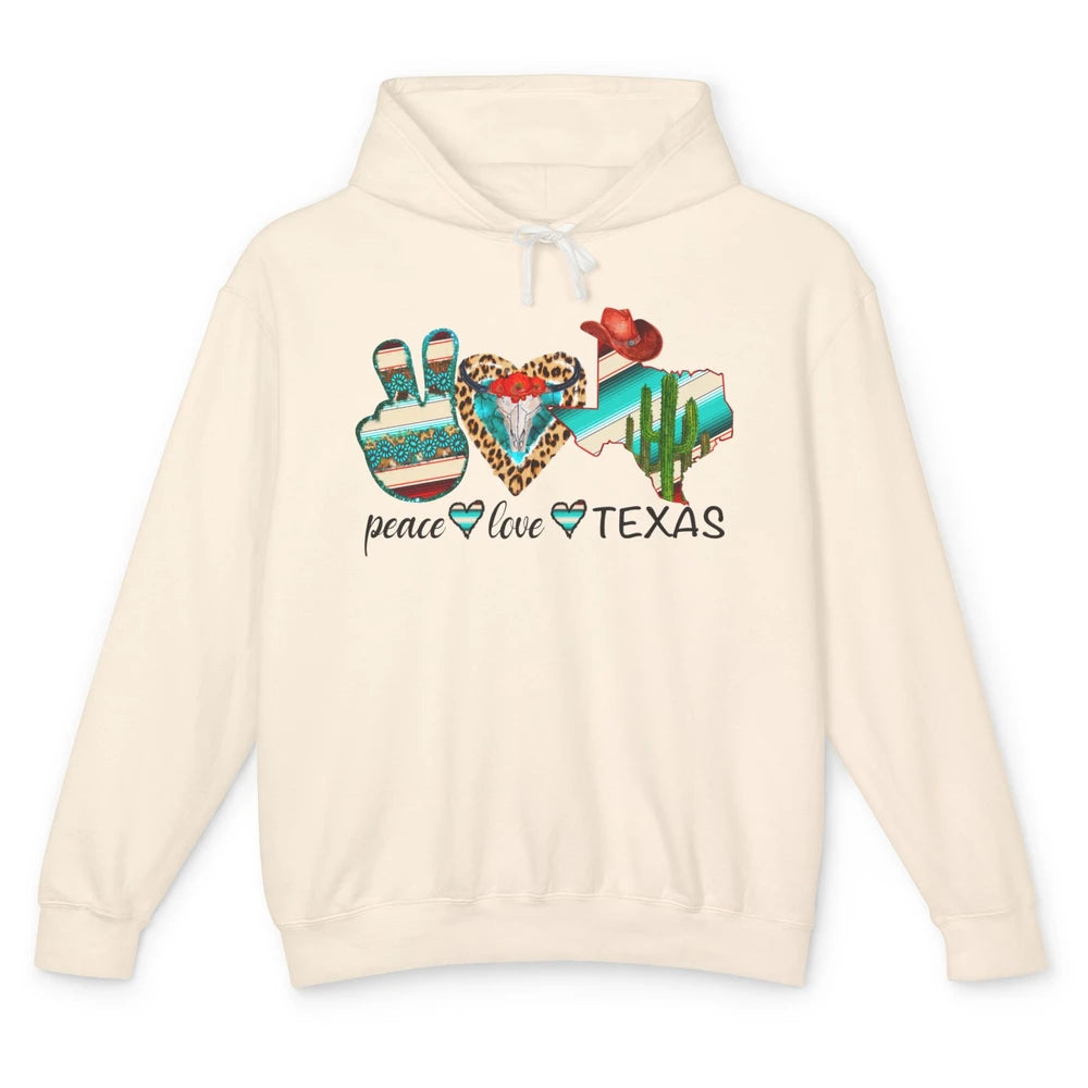 Peace Love Texas Cow Skull Western Country Cowboy Hat Cactus Unisex Lightweight Hoodie