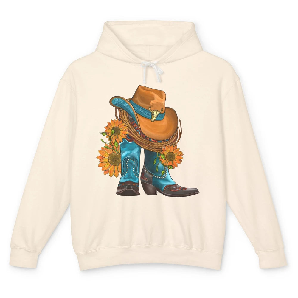 Sunflower Cowboy Boots And Hat Bull Skull Western Country Unisex Lightweight Hoodie