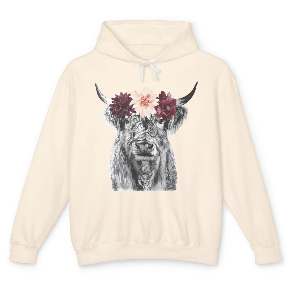 Heifer Highland Cow Flowers Farm Life Animal Floral Retro Unisex Lightweight Hoodie