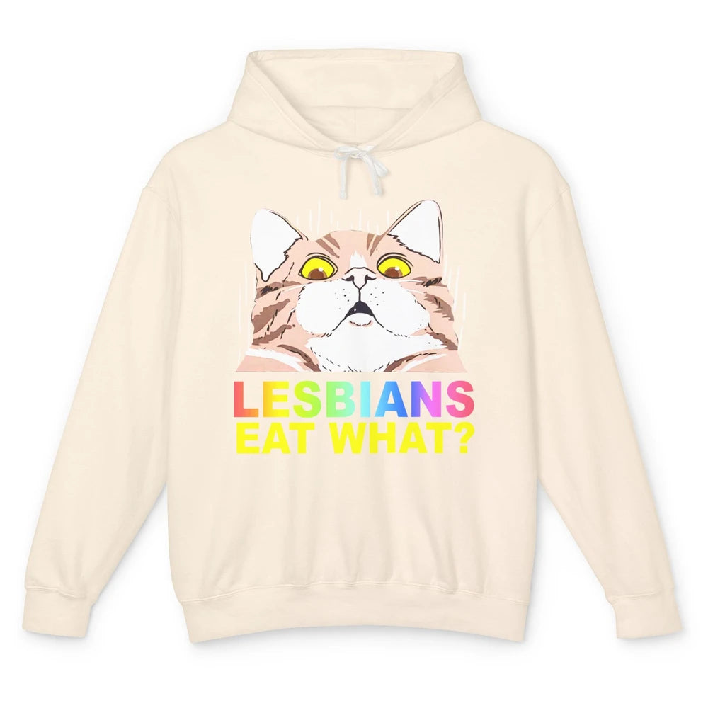 Funny Black Cat Lesbians Eat What LGBTQ Sarcastic Cat Mom Unisex Lightweight Hoodie