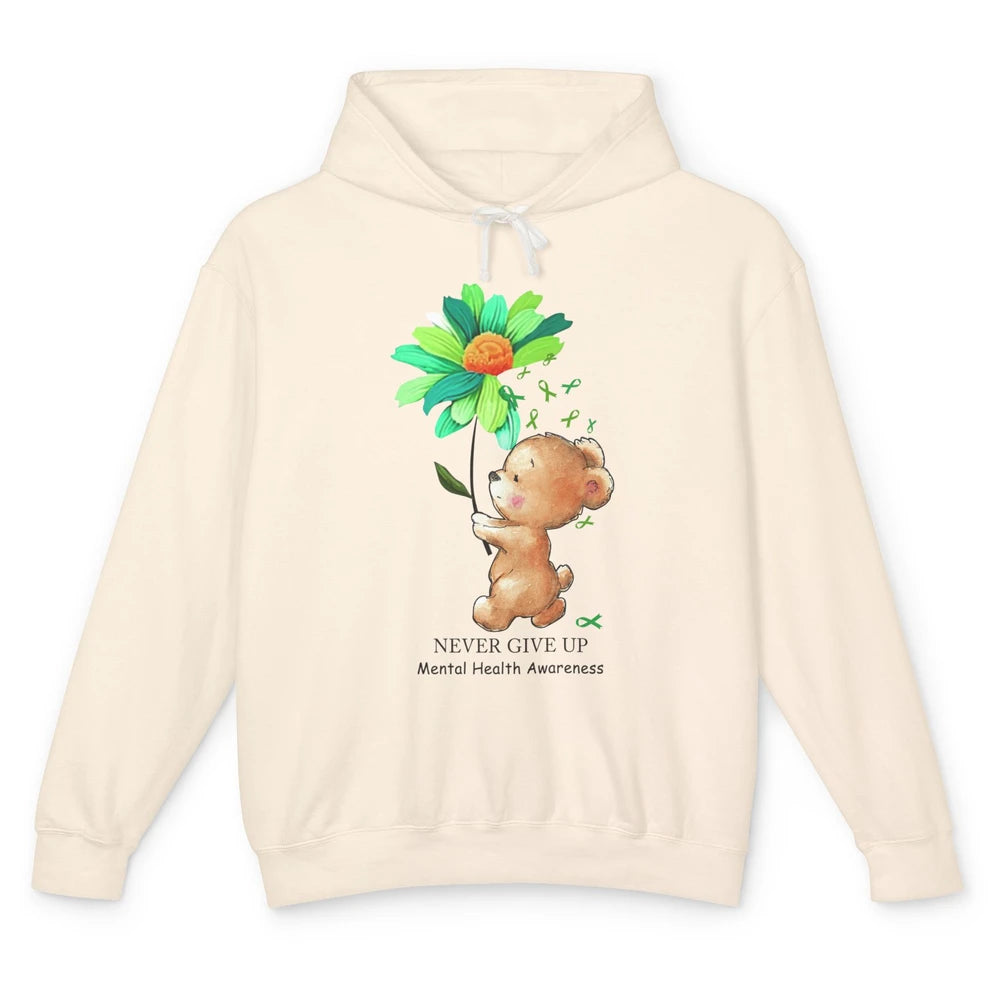 Mental Health Awareness Keep Going Daisy Bear Green Ribbon Unisex Lightweight Hoodie