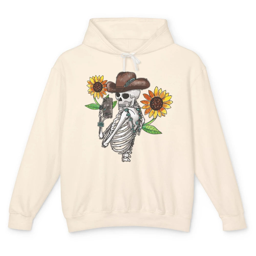 Western Cowboy Hat Skeleton Sunflower Funny Skeleton Selfie Unisex Lightweight Hoodie