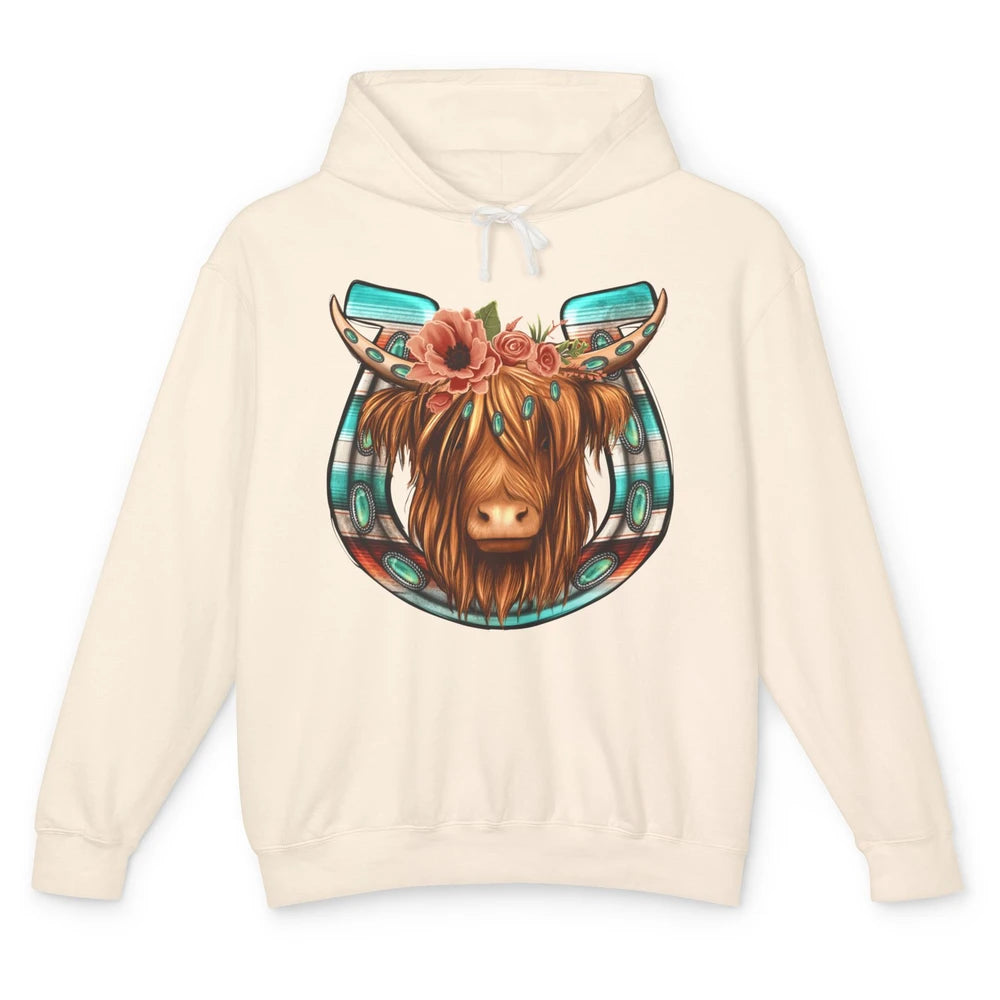 Floral Highland Cow Heifer Horseshoe Western Country Cowboy Unisex Lightweight Hoodie