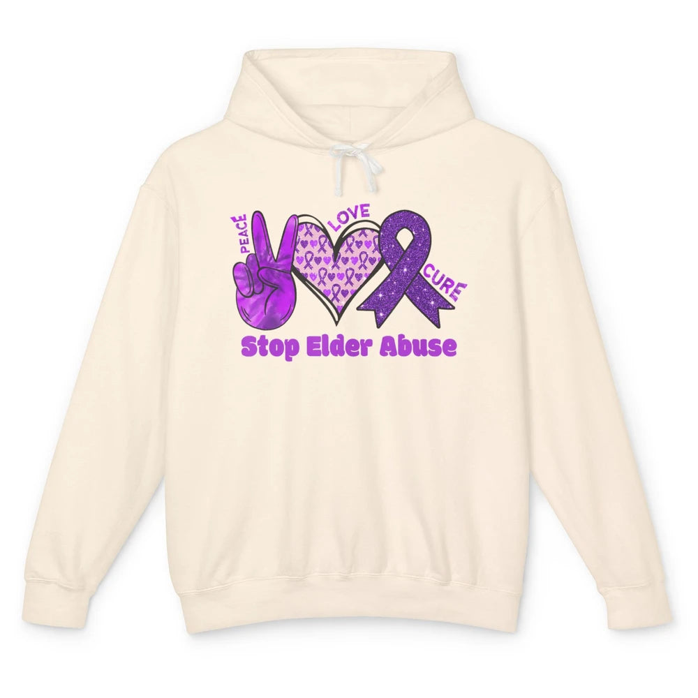 Peace Love Hope Heart Purple Ribbon Elder Abuse Awareness Unisex Lightweight Hoodie