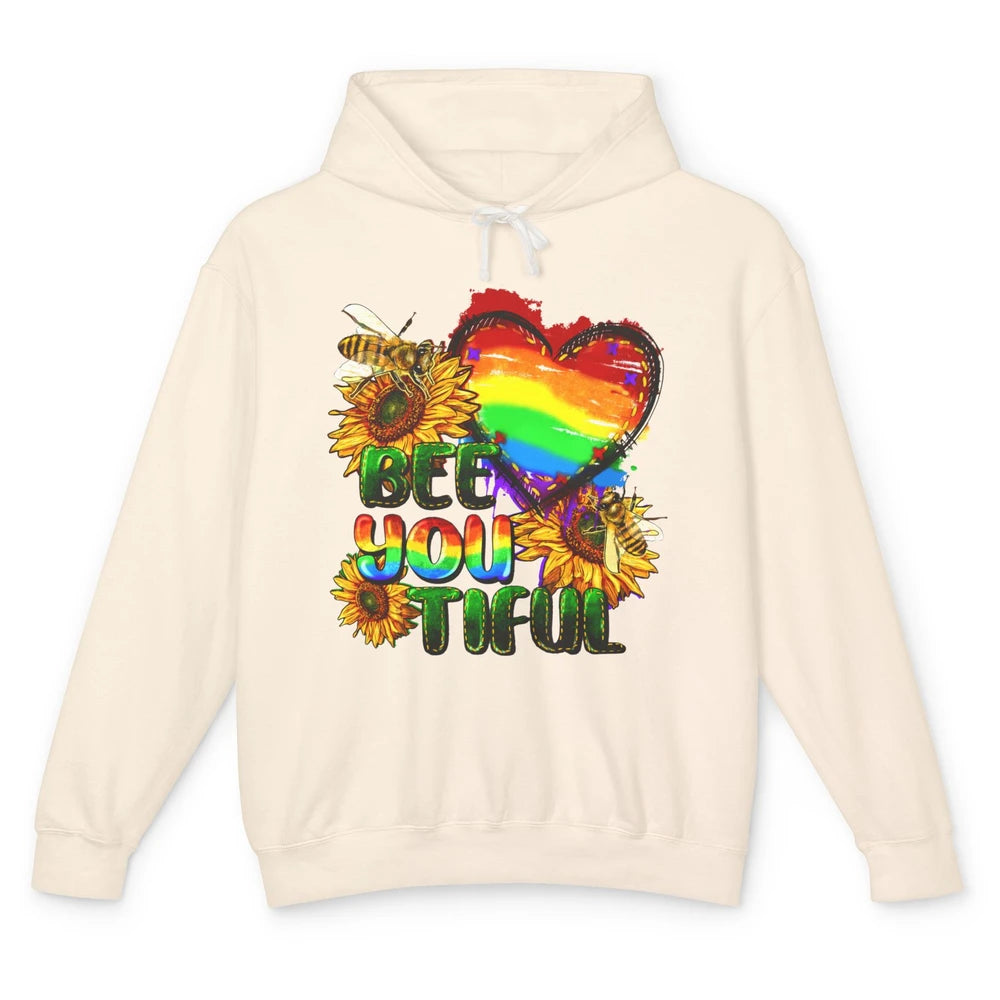 Bee You Tiful Pride Heart Rainbow Sunflower LGBT Pride Month Unisex Lightweight Hoodie