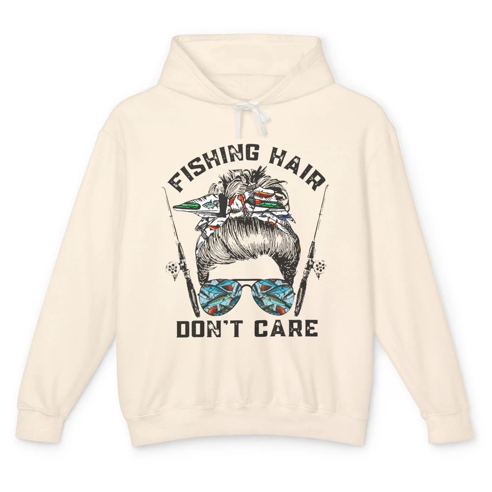 Messy Bun Fishing Hair Don't Care Reel Girls Fish Fisherman Unisex Lightweight Hoodie