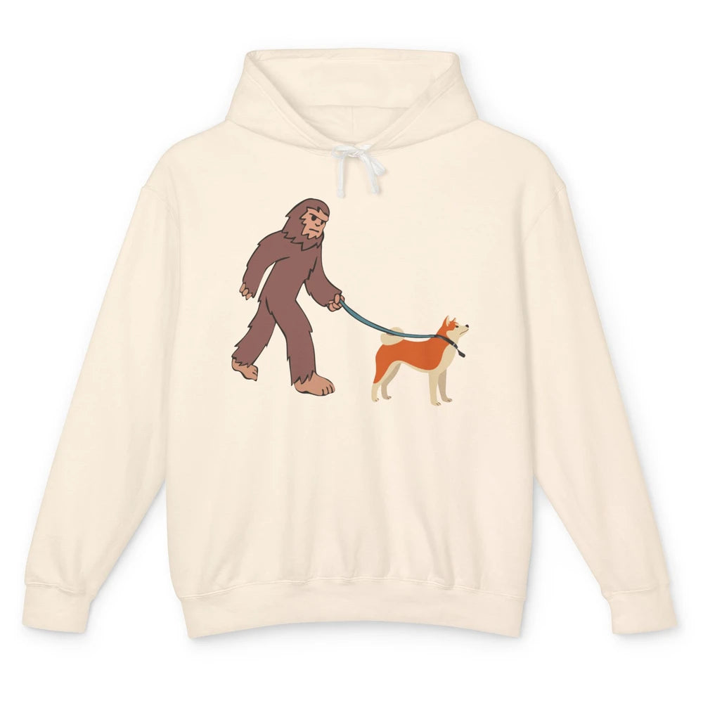 Funny Bigfoot Sasquatch Walking Shiba Inu Dog Mom Bigfoot Unisex Lightweight Hoodie