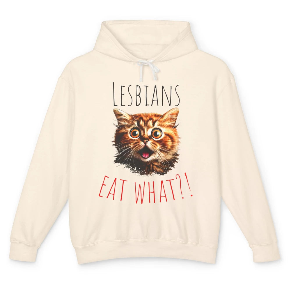 Funny Black Cat Lesbians Eat What LGBTQ Sarcastic Cat Mom Unisex Lightweight Hoodie