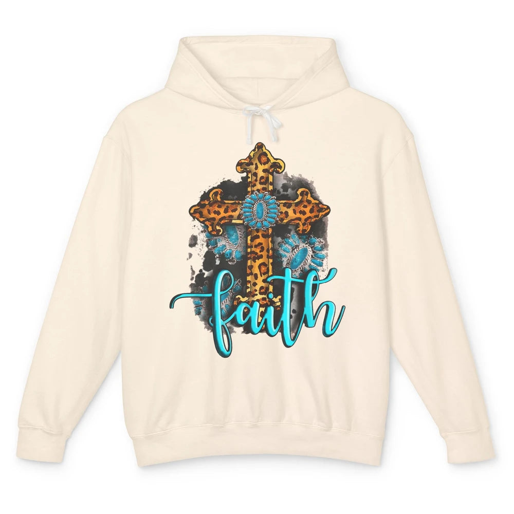 Western Gemstone Leopard Turquoise Cross Faith Jesus God Unisex Lightweight Hoodie