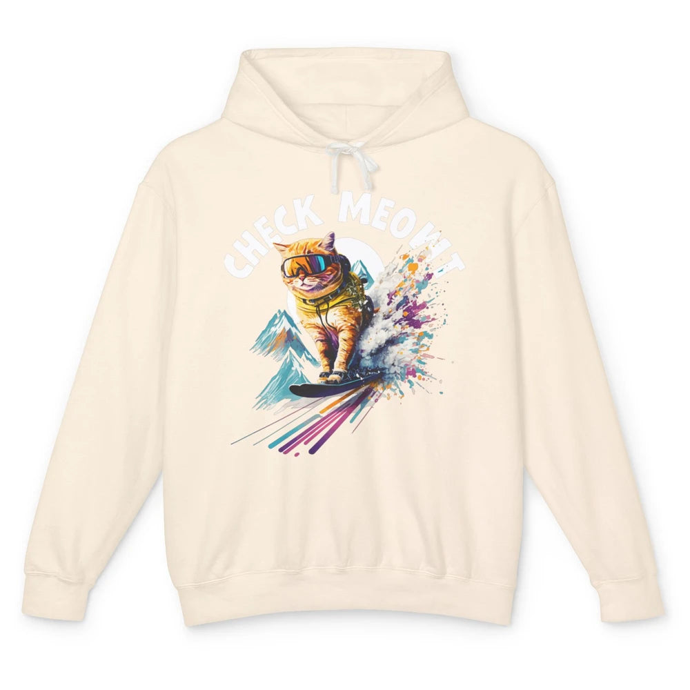 Funny Skiing Skier Check Meowt Humor Orange Cat Watercolor Unisex Lightweight Hoodie