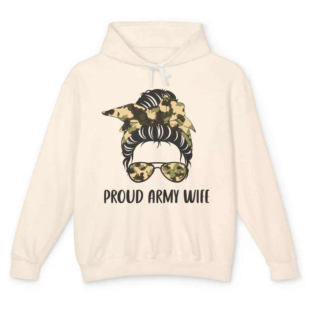 Proud Army Wife Messy Bun Hair Proud Wife Of A US Soldier Unisex Lightweight Hoodie