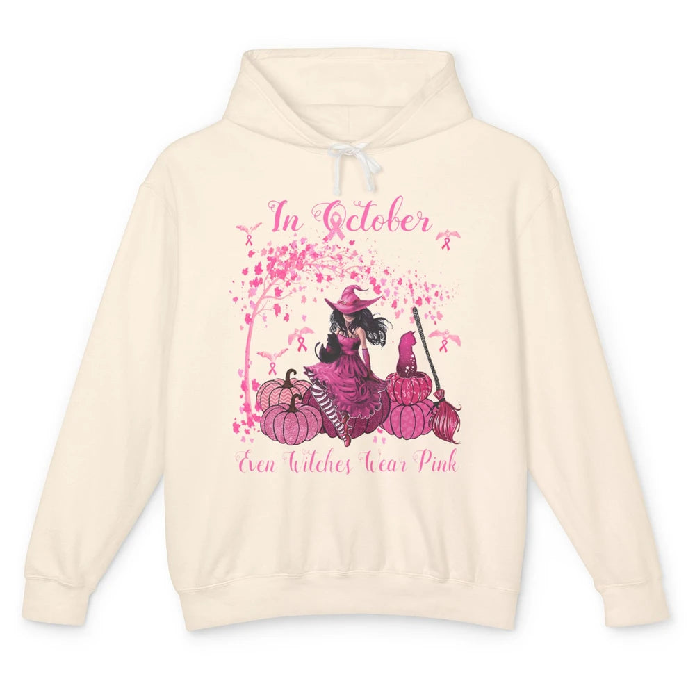 Breast Cancer In October Even Witches Wear Pink Ribbon Fall Unisex Lightweight Hoodie