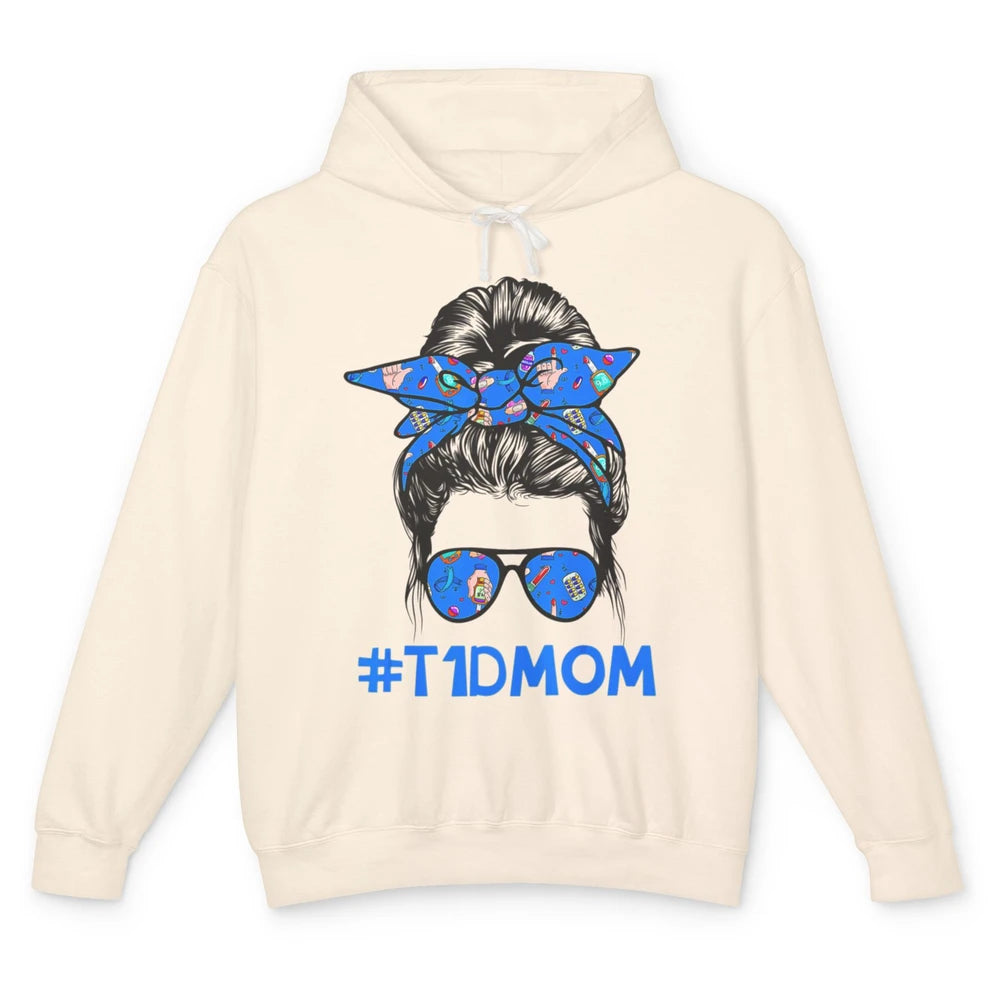 T1D Proud Mom Leopard Messy Bun Warrior Diabetes Awareness Unisex Lightweight Hoodie