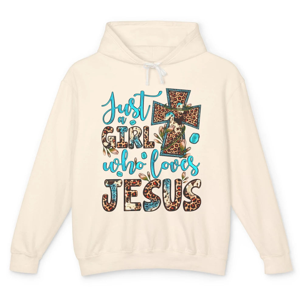 Leopard Cross Just A Girl Who Loves Jesus Christian Western Unisex Lightweight Hoodie