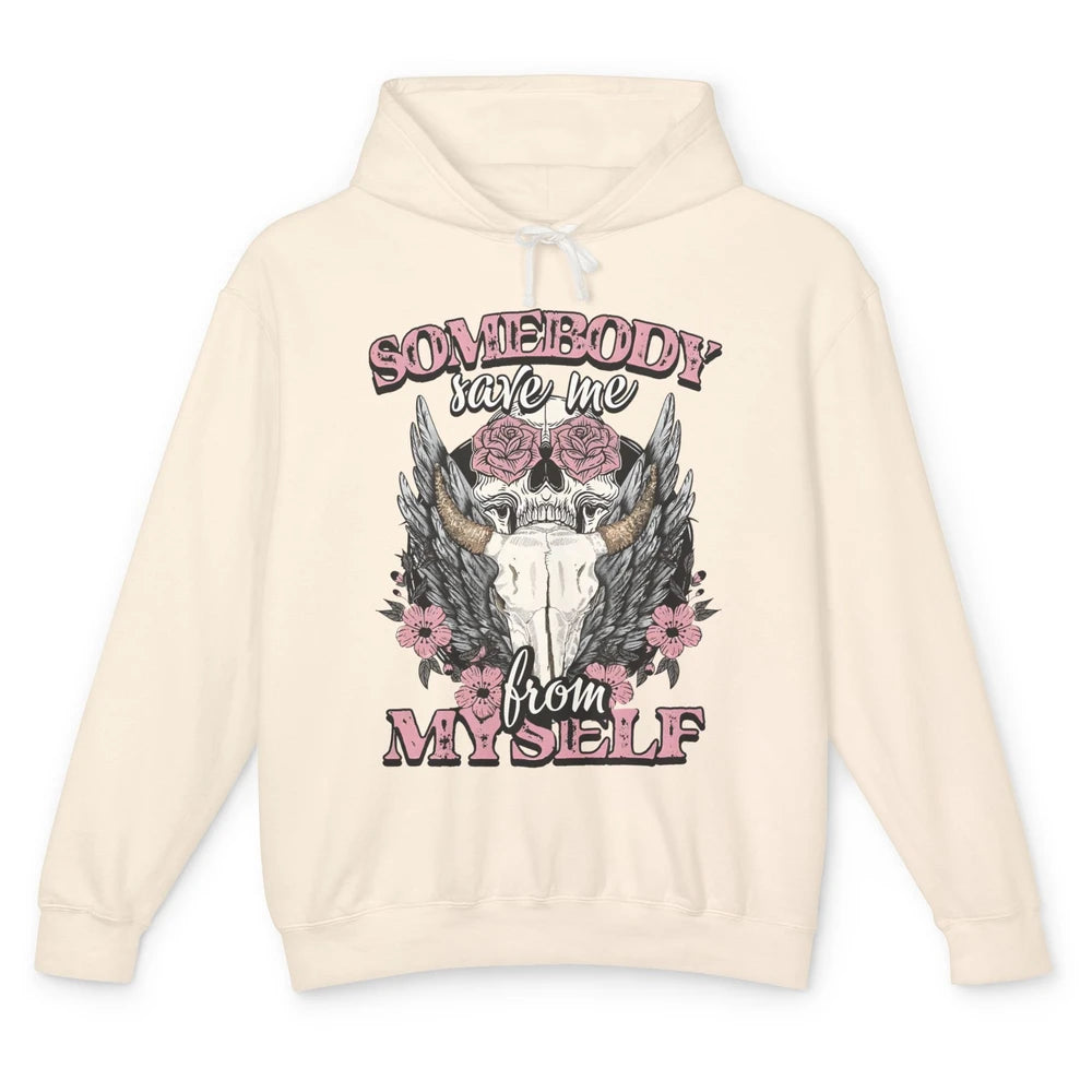 Retro Floral Bull Skull Somebody Save Me From Myself Western Unisex Lightweight Hoodie