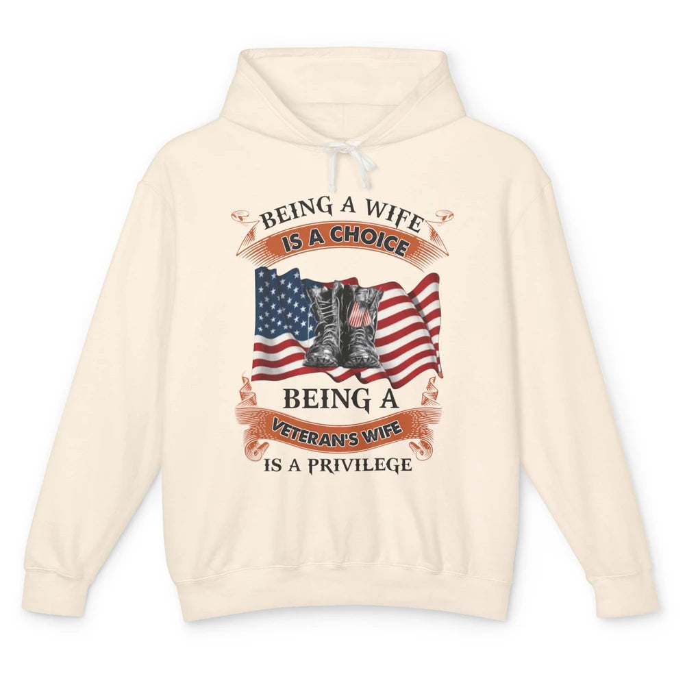 Retro US Flag Combat Boot Being Veteran's Wife Is Privilege Unisex Lightweight Hoodie