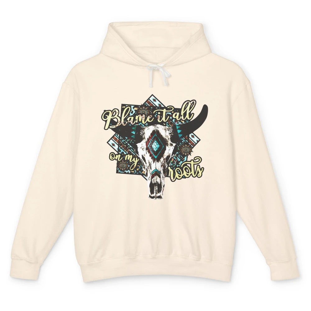 Retro Boot Blame It All On My Root Cow Skull Western Cowboy Unisex Lightweight Hoodie