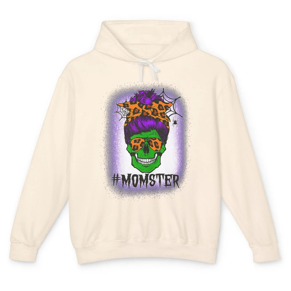 Retro Momster Messy Bun Skull Mom Halloween Spooky Mama Goth Unisex Lightweight Hoodie