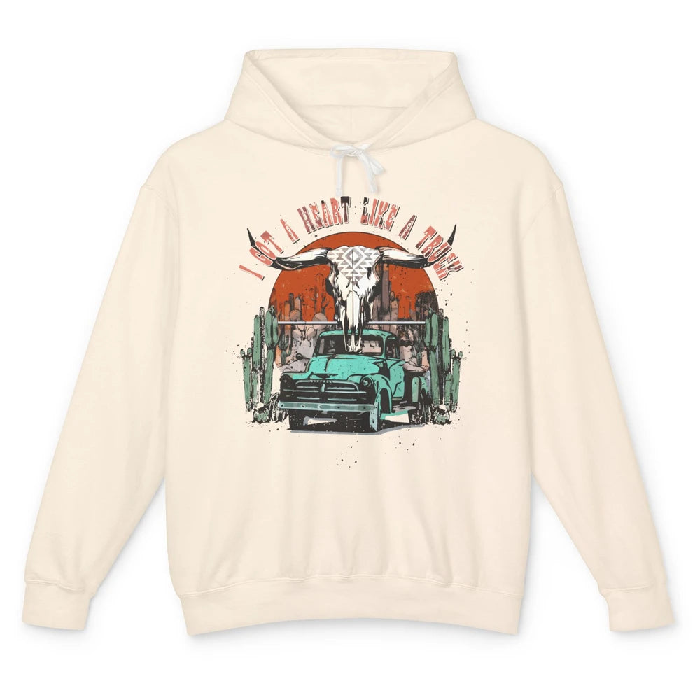 Desert Bull Skull Got A Heart Like A Truck Western Valentine Unisex Lightweight Hoodie