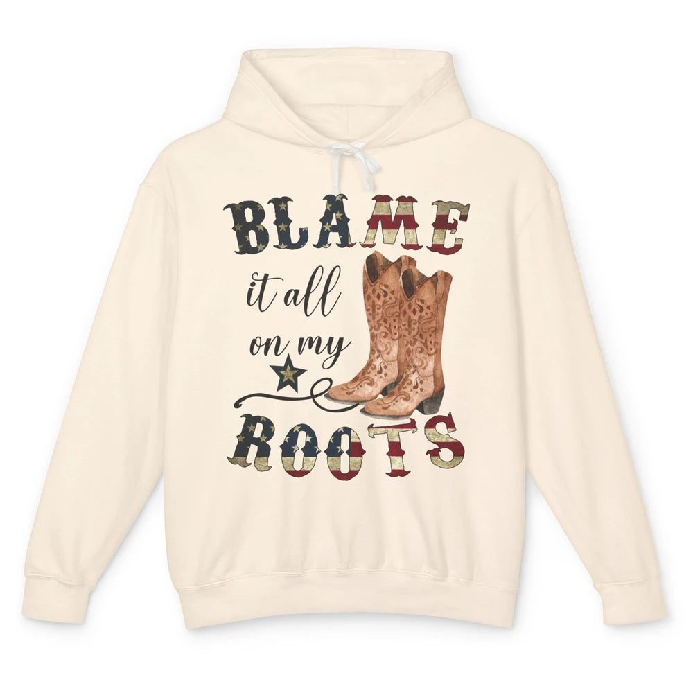 Retro US Flag Cowboy Boots Blame It All On My Roots Western Unisex Lightweight Hoodie