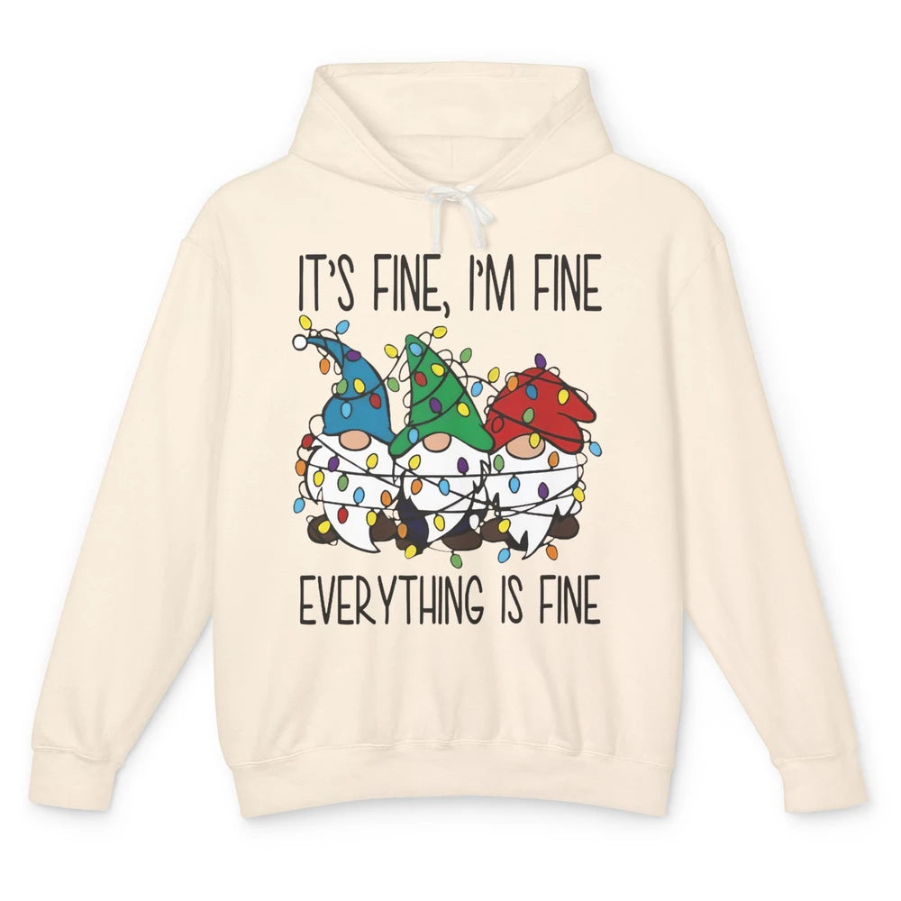 Funny Gnomes Christmas Light I'm Fine Everything's Fine Unisex Lightweight Hoodie