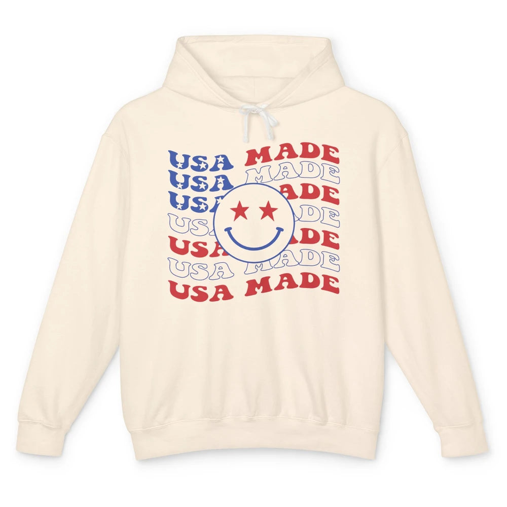 US Flag America Made Smiley Face July 4th American Patriots Unisex Lightweight Hoodie