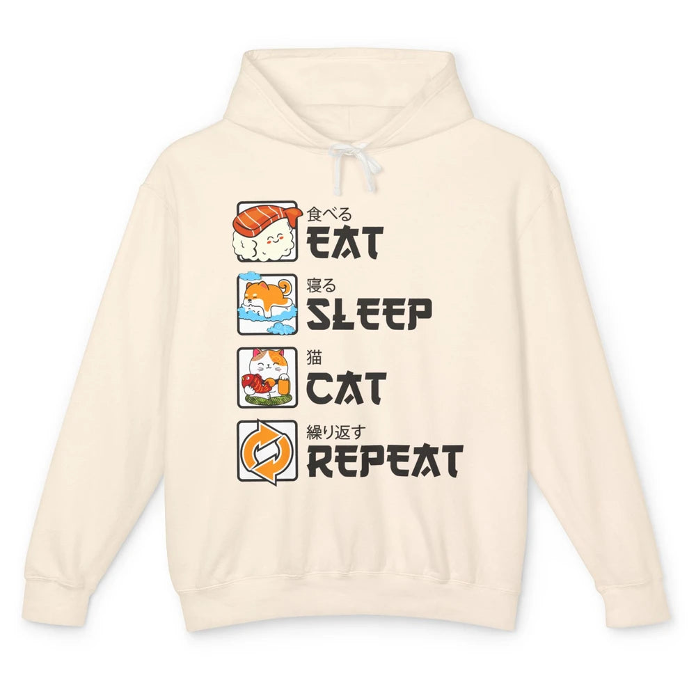 Funny Cat Neko Sushi Eat Sleep Cat Repeat Japanese Kawaii Unisex Lightweight Hoodie