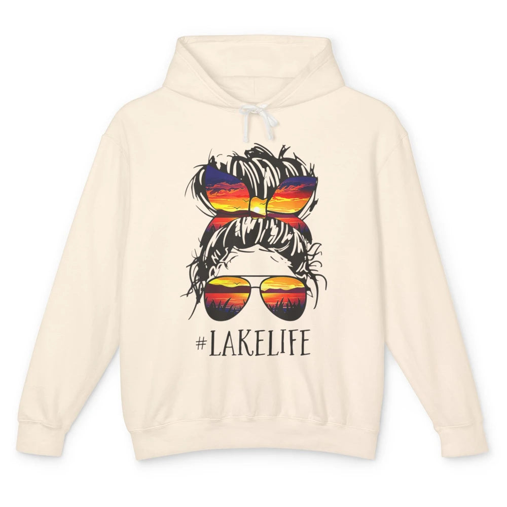 Lake Life Messy Hair Bun Woman Sunset Summer Retro Fishing Unisex Lightweight Hoodie