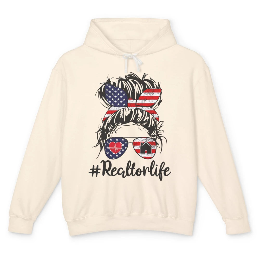 Messy Hair Bun 4th July Flag Realtor Life Real Estate Agent Unisex Lightweight Hoodie