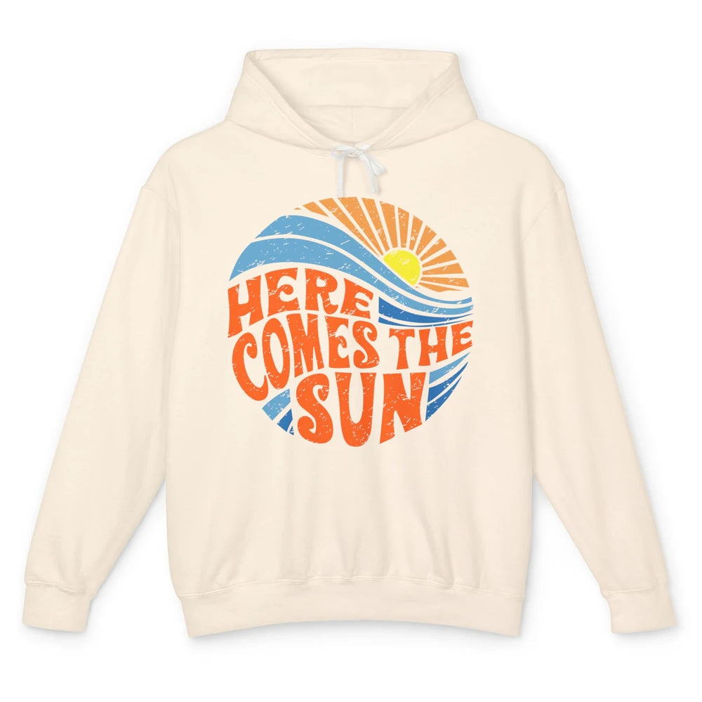 Retro Rainbow Sunrise Here Comes The Sun Hippie Girl Unisex Lightweight Hoodie