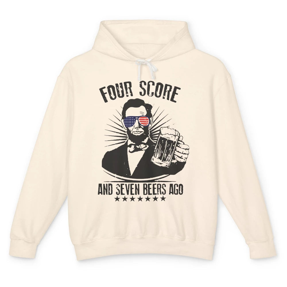 Funny US Flag Abraham Lincoln 4 Score 7 Beers Ago 4th July Unisex Lightweight Hoodie