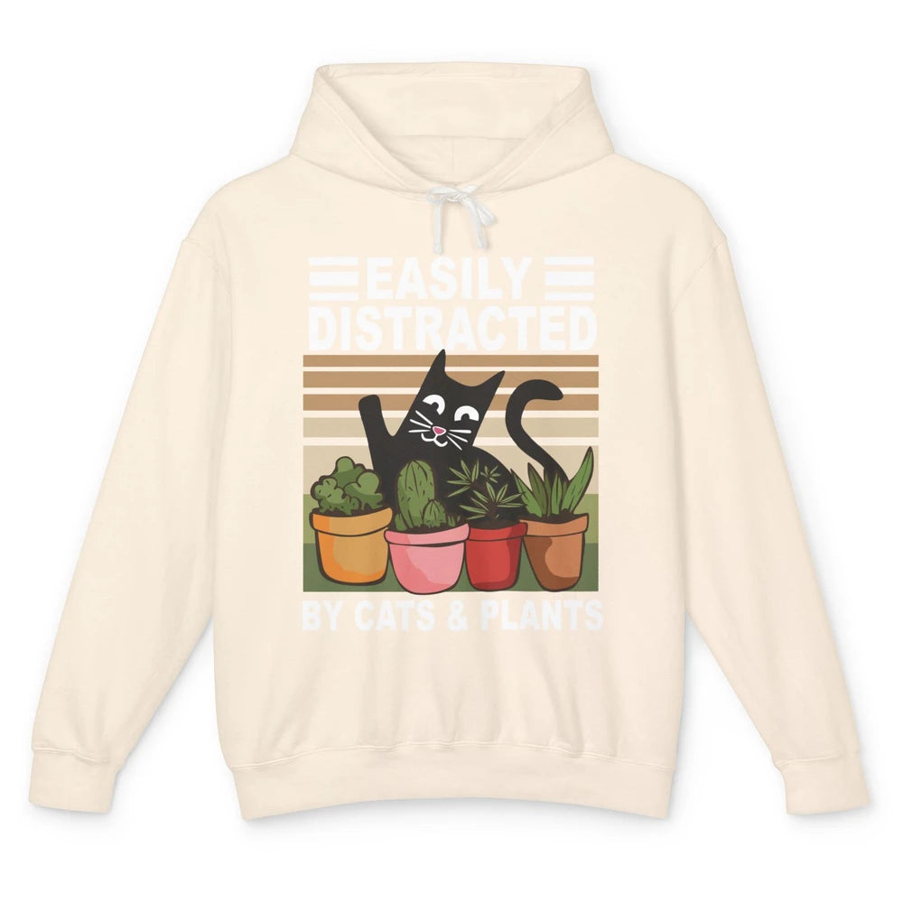 Easily Distracted By Cats And Plants Vintage Gardening Gift Unisex Lightweight Hoodie