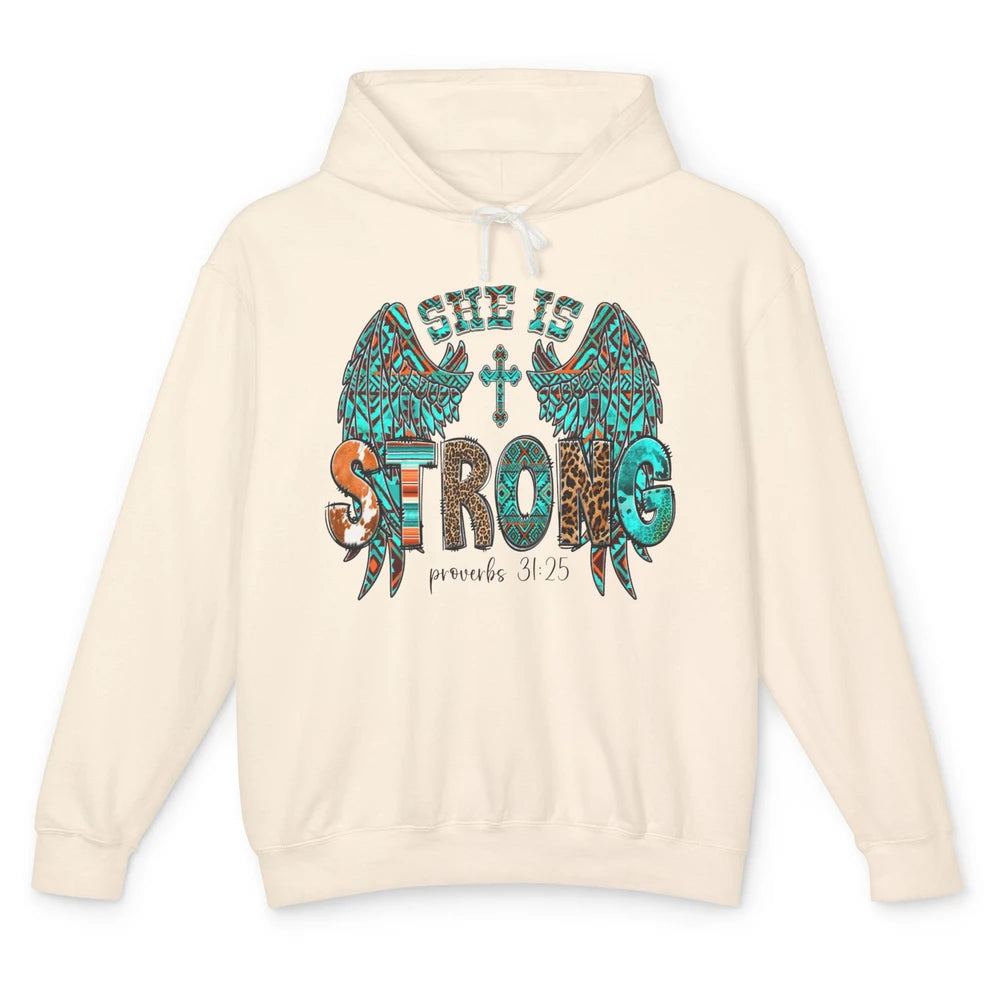 Leopard Turquoise Jesus Cross She Is Strong Bible Christian Unisex Lightweight Hoodie