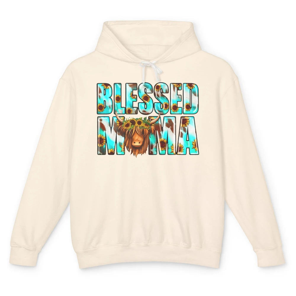 Retro Sunflower Highland Cow Blessed Mama Western Cow Mama Unisex Lightweight Hoodie