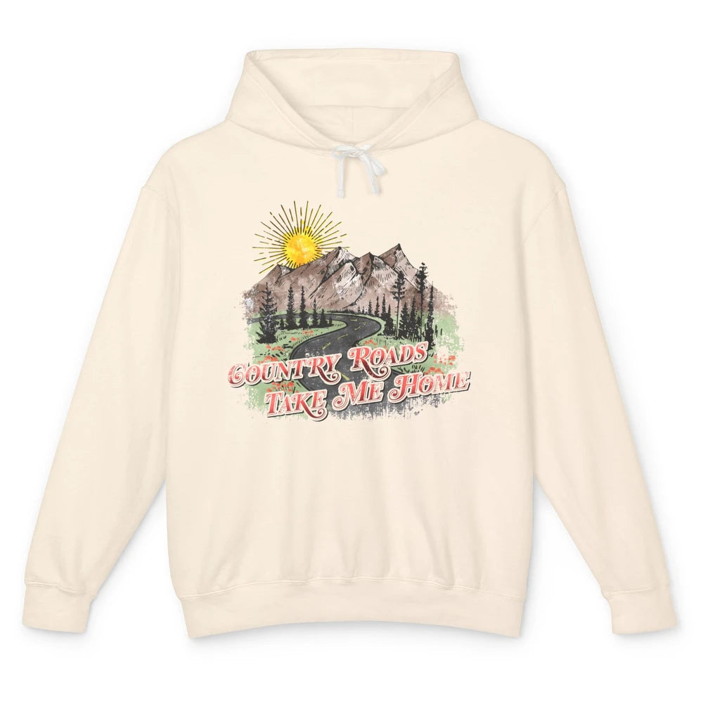 Retro Mountain Sunset Country Roads Take Me Home Western Unisex Lightweight Hoodie