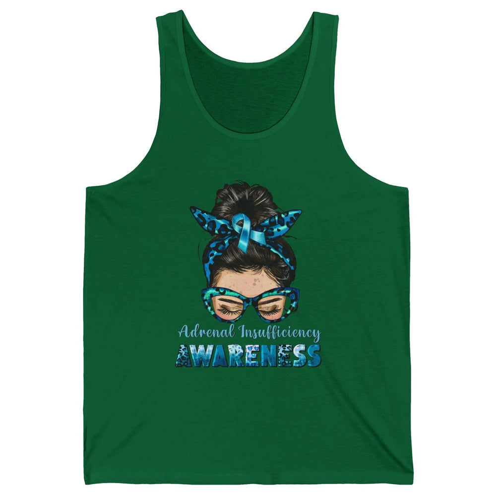 Adrenal Insufficiency Awareness Messy Bun Mom Blue Ribbon Unisex Jersey Tank