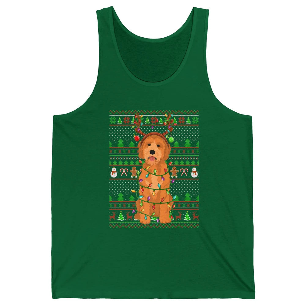 Merry Christmas Golden Doodle Dog Reindeer Xmas Lights Ugly Unisex Jersey Tank