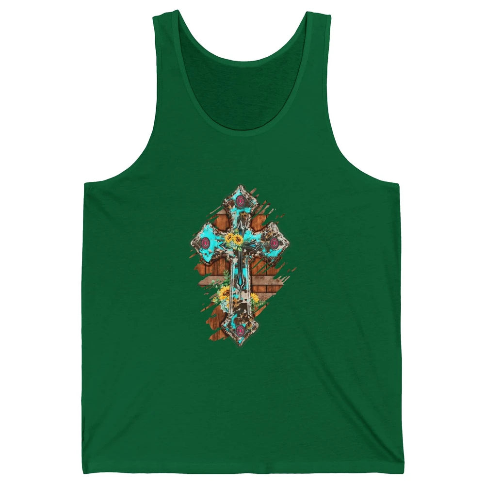 Western Country Boho Christian Turquoise Leopard Faith Cross Unisex Jersey Tank