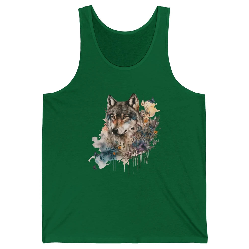 Watercolor Wolf Face Howl Butterfly Wolves Wild Animal Retro Unisex Jersey Tank