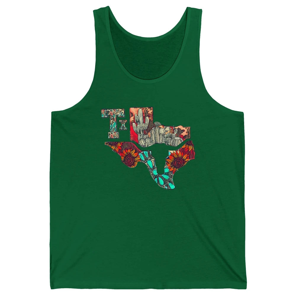 Texas Map Boho Texas State Leopard Western Desert Cactus Unisex Jersey Tank