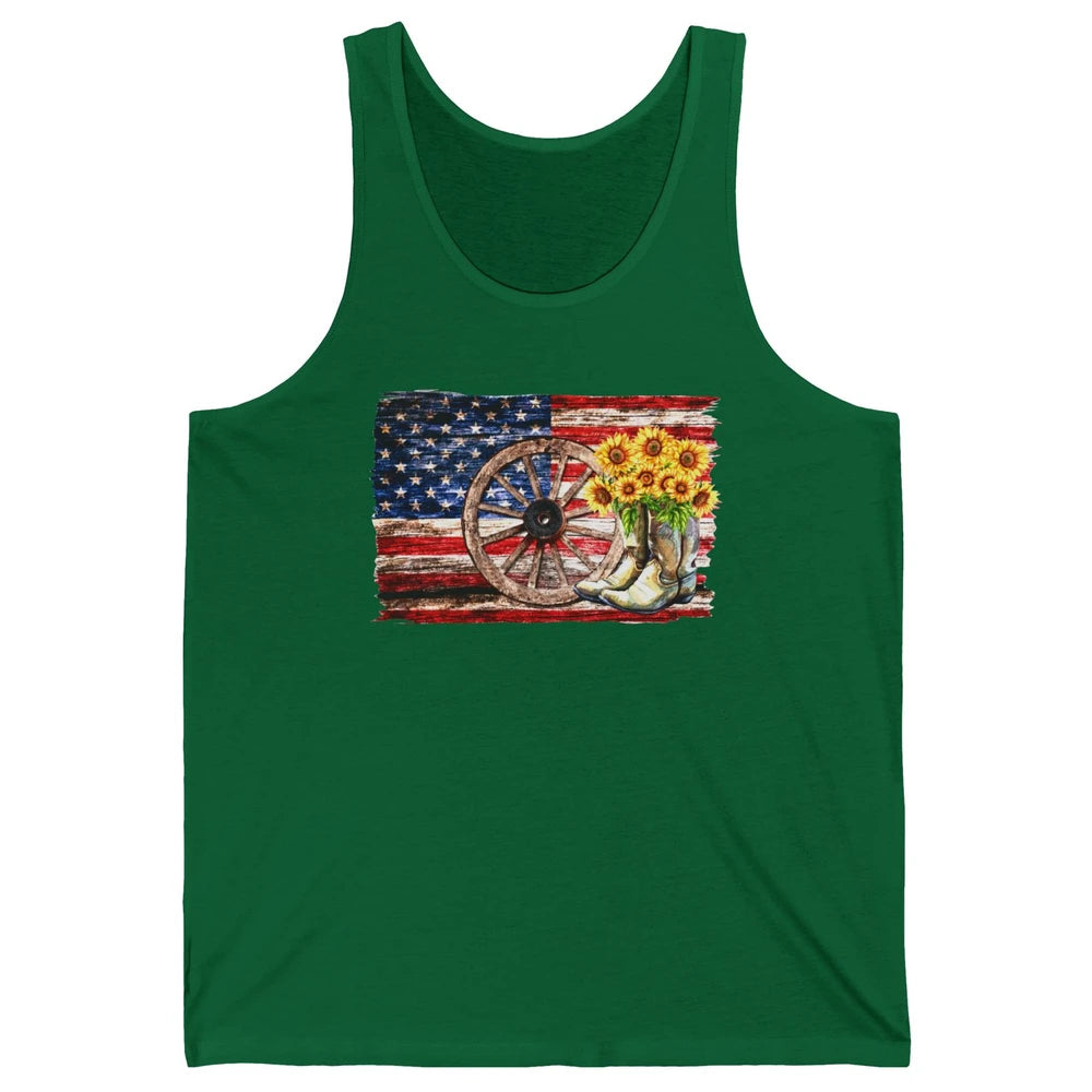 Retro US Flag Sunflower Cowgirl Boots Texas Cowboy Western Unisex Jersey Tank