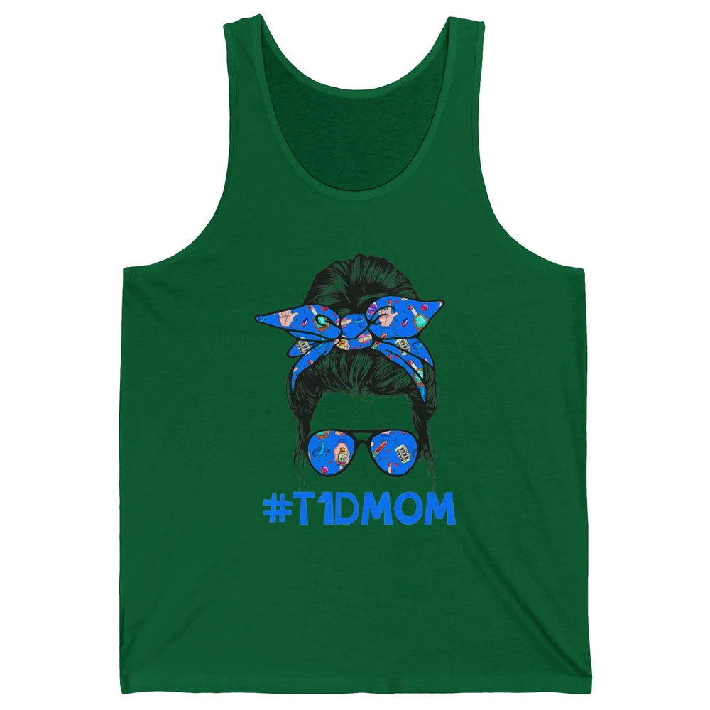 T1D Proud Mom Leopard Messy Bun Warrior Diabetes Awareness Unisex Jersey Tank