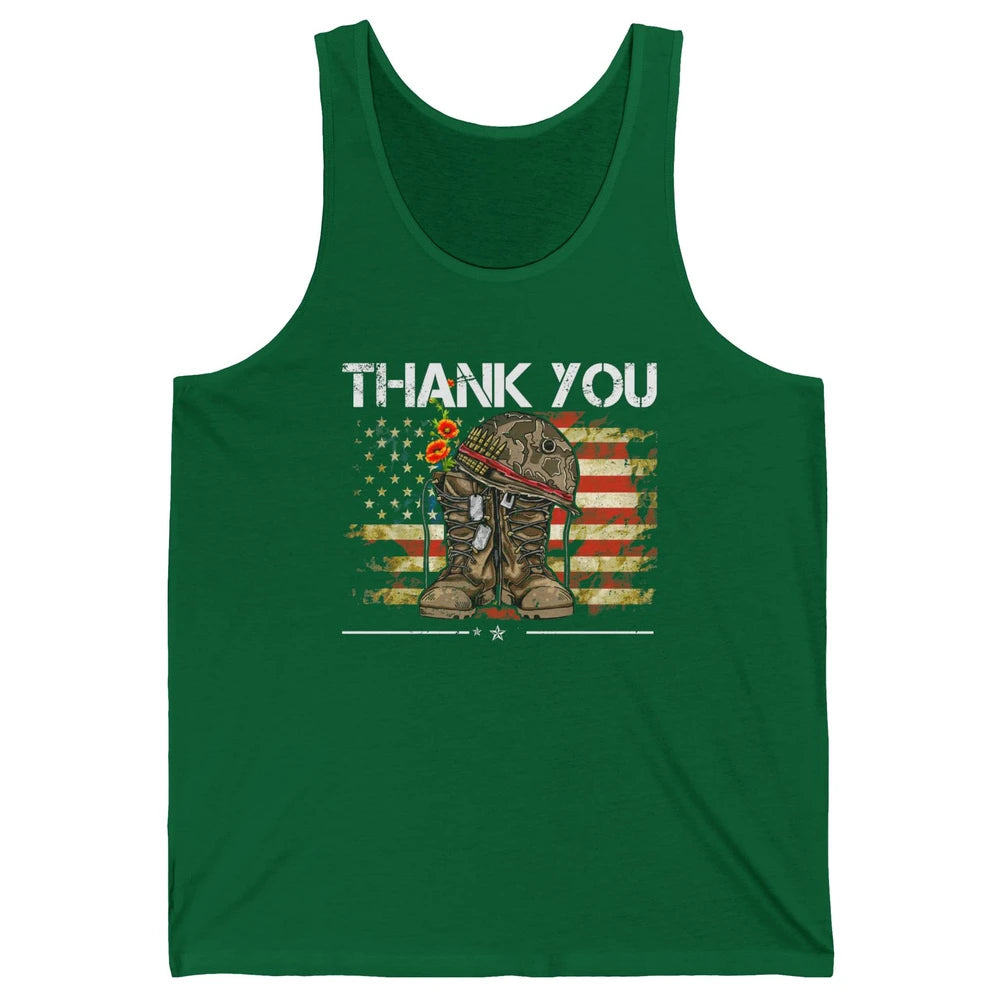 Vintage Veteran US Flag Thank You Military Boot Memorial Day Unisex Jersey Tank