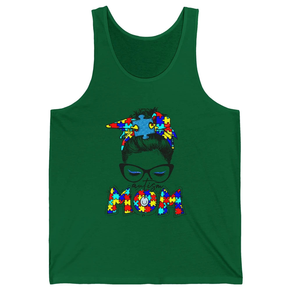 Autism Mom Messy Bun Bandana Puzzle Autism Awareness Month Unisex Jersey Tank