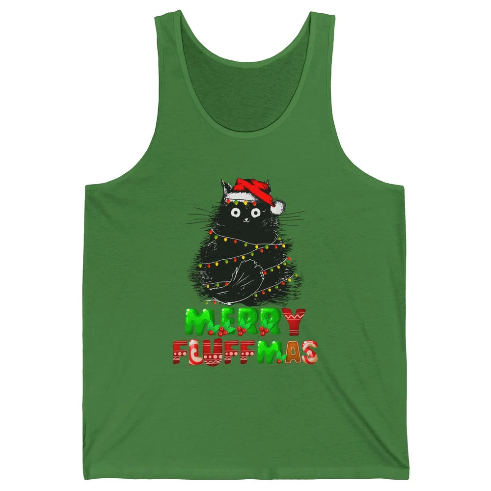 Merry Christmas Catmas Santa Hat Black Cat Xmas Lights Tree Unisex Jersey Tank