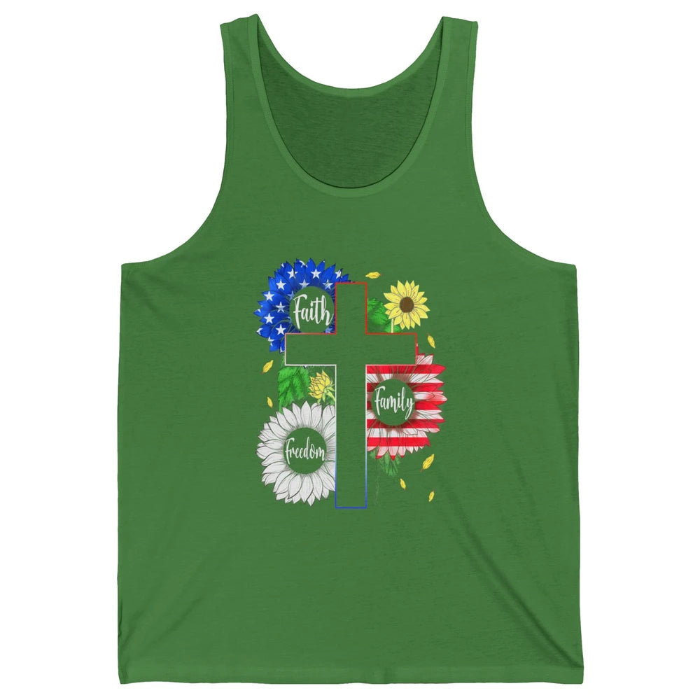 4th July American Flag Cross Faith Family Freedom Christian Unisex Jersey Tank