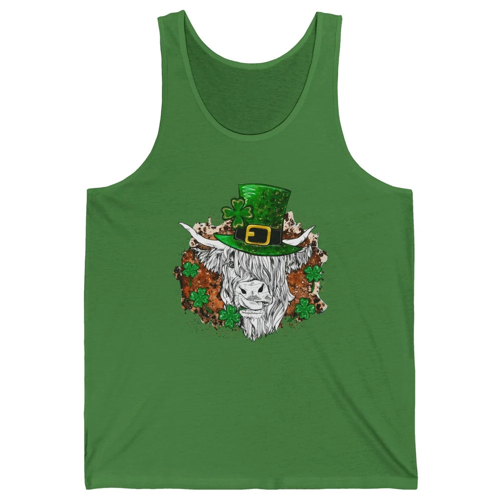 St Patrick's Day Highland Cow With Hat And Clover Shamrock Unisex Jersey Tank