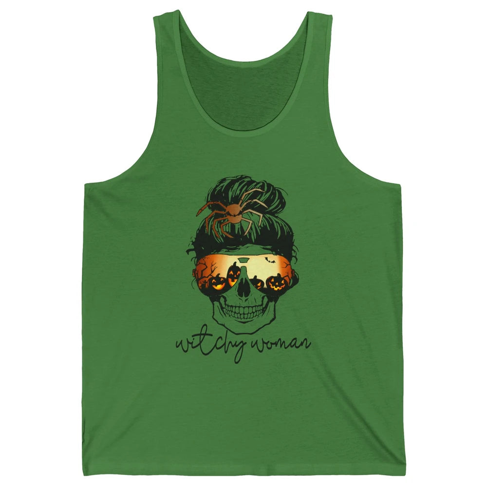 Witchy Woman Messy Bun Hair Skull Halloween Pumpkin Costume Unisex Jersey Tank