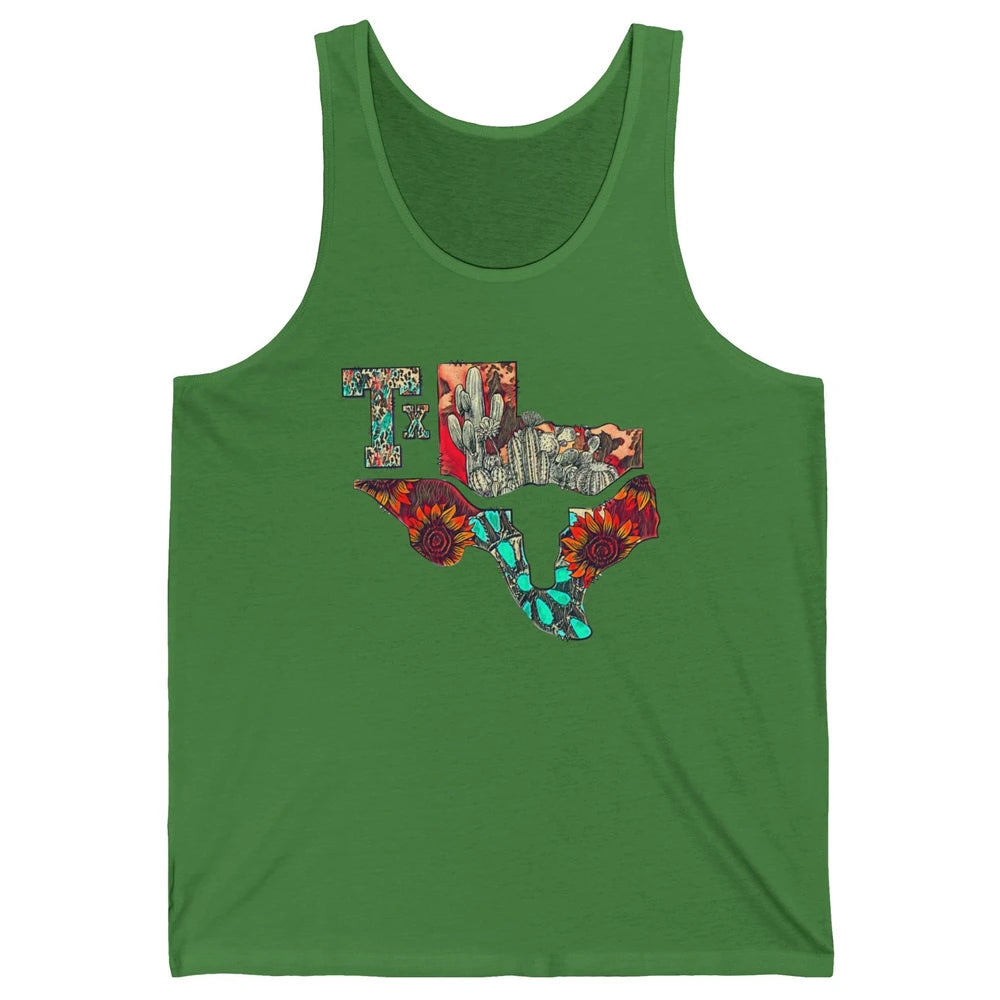 Texas Map Boho Texas State Leopard Western Desert Cactus Unisex Jersey Tank