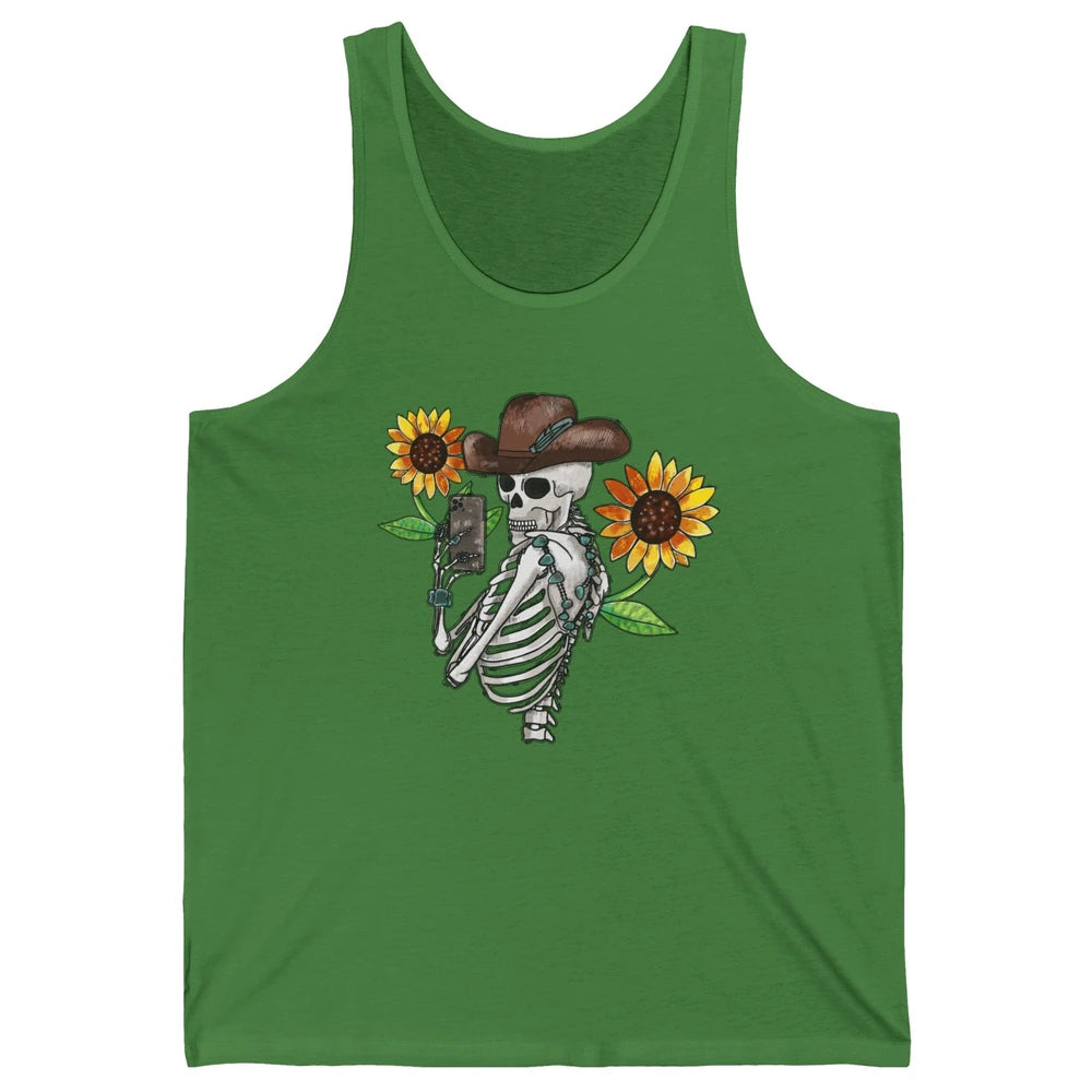 Western Cowboy Hat Skeleton Sunflower Funny Skeleton Selfie Unisex Jersey Tank